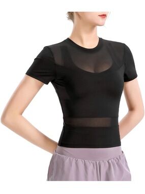 Black Sheer Panel Women’s Active Short Sleeve T-Shirt NWOT
